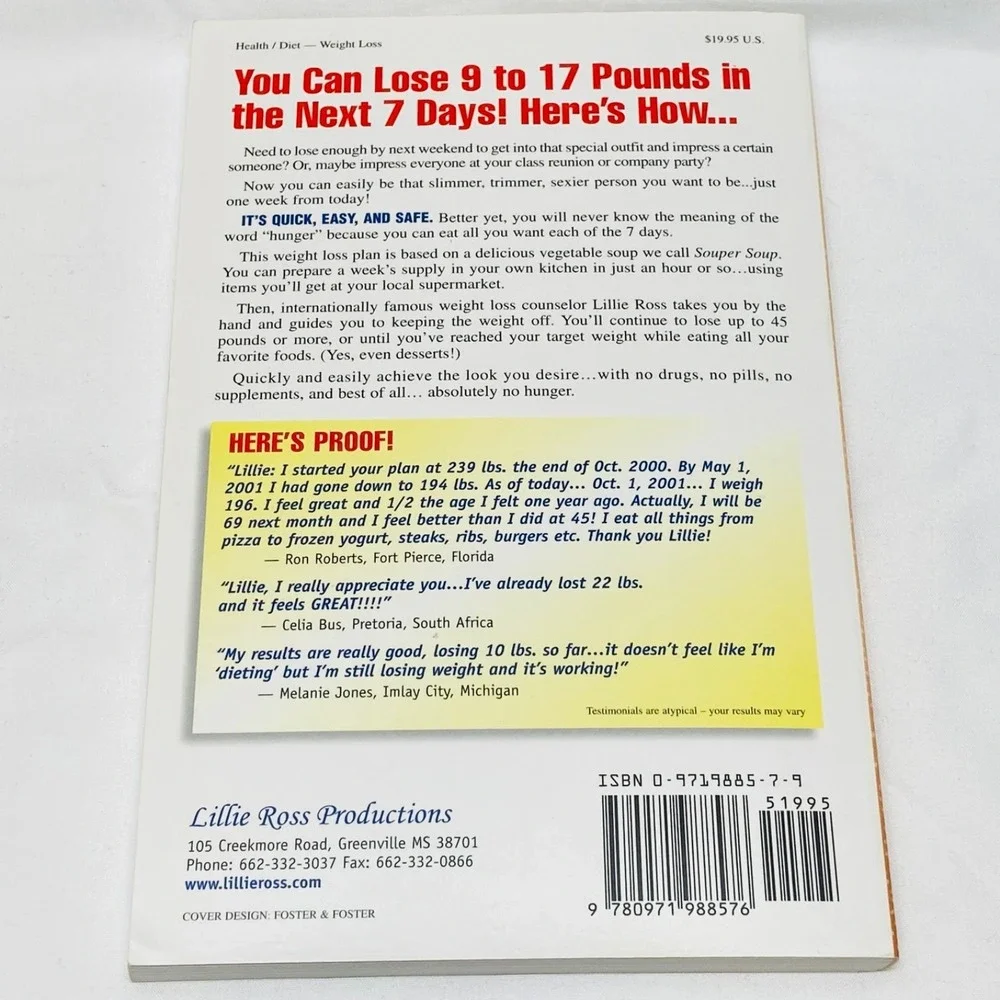 Souper Weight‎ Loss Secrets Lillie Ross 0971988579 Paperback Recipe Book New